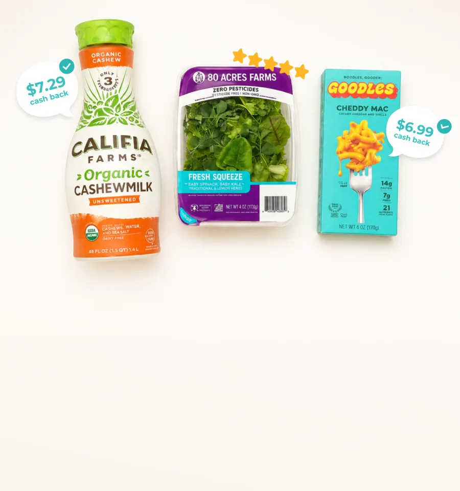 Natural products with cash back offers and review star ratings